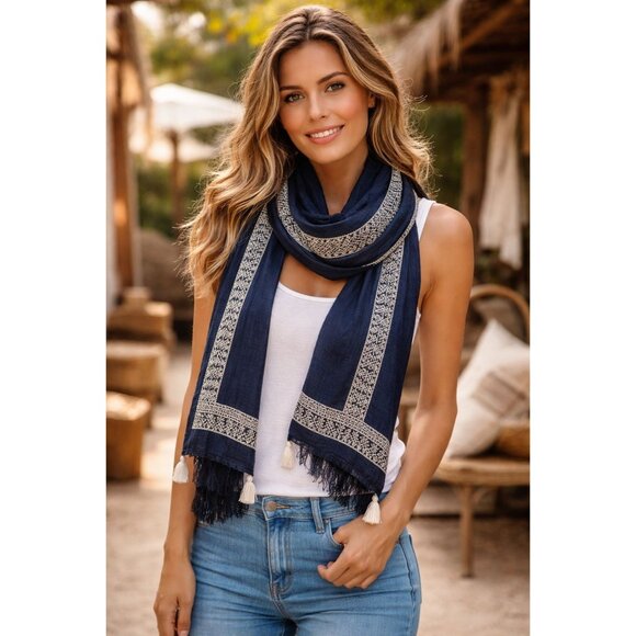 Margaret O'Leary Accessories - Margaret O'Leary Embroidered Navy Blue Cream Tassel Trim Scarf Shawl Wrap Boho